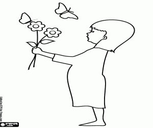 A girl profile, flowers, butterflies coloring page
