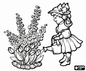 The girl and the spring flowers coloring page