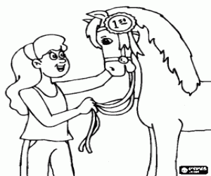 Girl with her beautiful champion horse coloring page