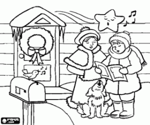The girls sing Christmas carols coloring page
