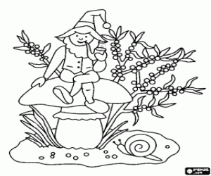 A gnome smokes a pipe on a mushroom coloring page