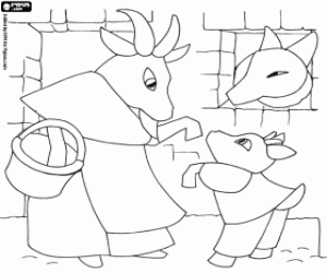 The goat, little goat and the wolf coloring page