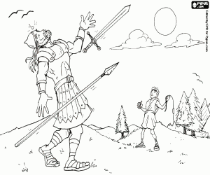 Goliath falls dead in front David coloring page