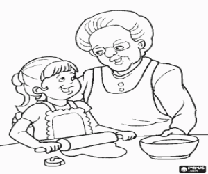 Grandma and granddaughter cooking coloring page