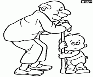 Grandpa with a cane and his grandson coloring page