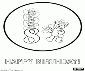 Greeting of 8 years with Teddy bear coloring page