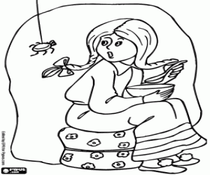 Gretel eats soup in the witch house coloring page