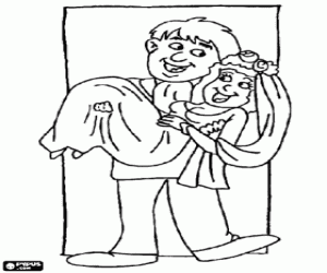 The groom with the bride in the arms coloring page