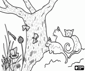 Group of cats and the insects coloring page