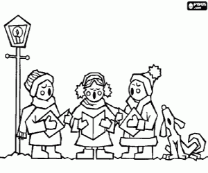 Group of children and Christmas carols coloring page
