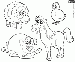 Group of four farm animals coloring page