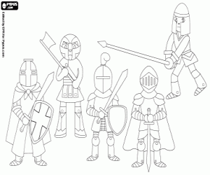 Group of medieval warriors coloring page
