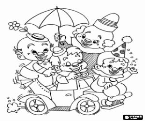 Group of clowns in a small car coloring page