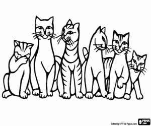 Group of seated cats coloring page