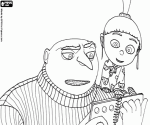 Gru and Agnes reading a book coloring page