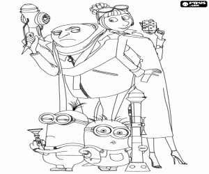 Gru and Lucy with the minions coloring page