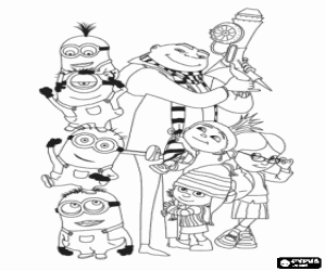 Gru, minions and the little girls coloring page