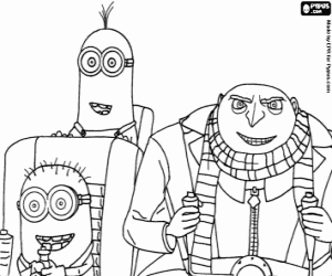 Gru and the minions in spaceship coloring page