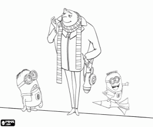 Gru with a weapon and two minions coloring page