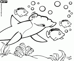 A hammerhead shark among fishes coloring page