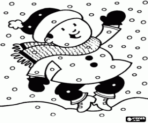 Happy child under a heavy snowfall coloring page