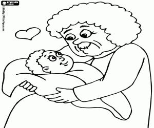 Happy grandma with the baby coloring page