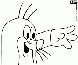 Happy greeting of little mole Krtek coloring page