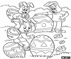 Happy rabbits and Easter eggs coloring page