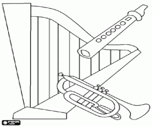 Harp, trumpet and flute coloring page