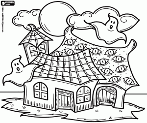 Haunted house, Halloween scene coloring page