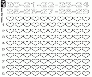 Hearts to count up from 20 to 29 coloring page