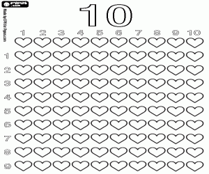 The hearts for the number ten coloring page
