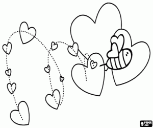 Hearts of Valentine and a bee coloring page