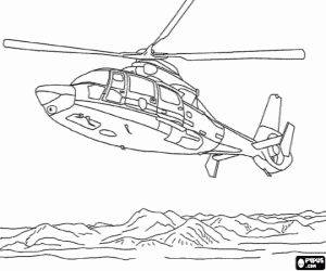 Helicopter flight over the mountains coloring page
