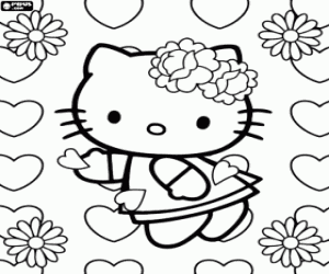 Hello Kitty among flowers and hearts coloring page