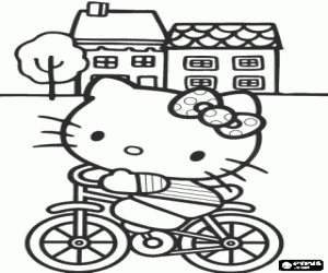 Hello Kitty on a bicycle coloring page