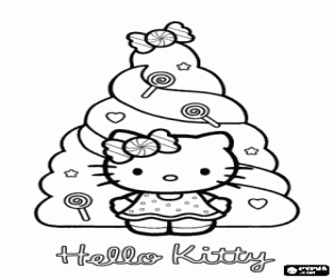 Hello Kitty and a Christmas tree coloring page