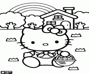 Hello Kitty and strawberries basket coloring page