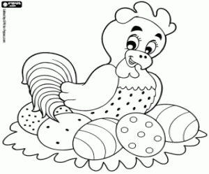 Hen sitting on the Easter eggs coloring page