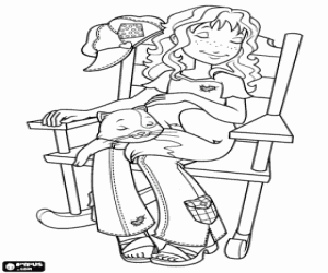 Holly and the cat on a rocking chair coloring page
