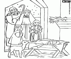 Holly Family and the shepherds coloring page