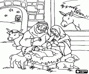 Holy Family, ox and mule coloring page
