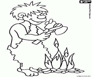 Homo erectus with axe and fire coloring page