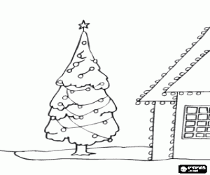 House and tree with Christmas lights coloring page