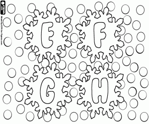 Ice crystals with letters E, F, G, H coloring page