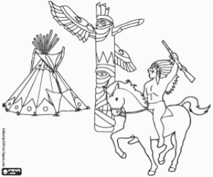 An Indian warrior, totem and tepee coloring page