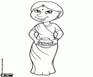 An Indian woman with sari coloring page
