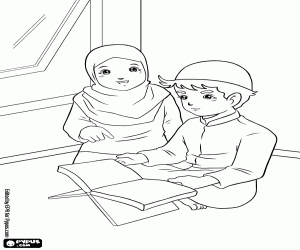 Indonesian children reading Quran coloring page