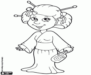 Japanese woman in kimono coloring page