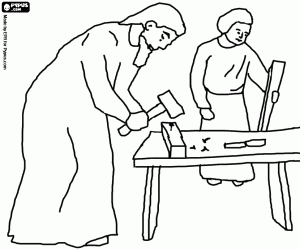 Jesus with his father, a carpenter coloring page